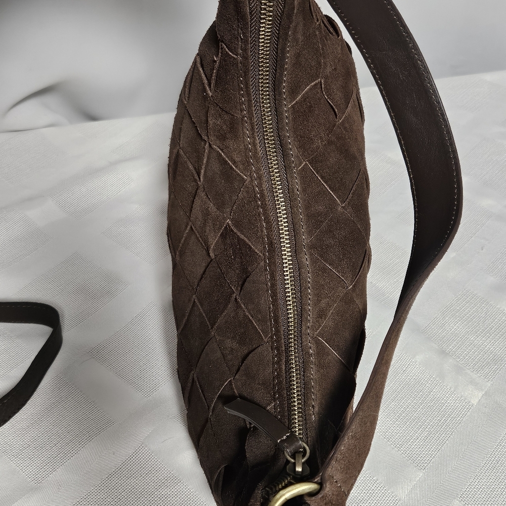 Chocolate Suede Woven Crescent/hobo Bag W/ Crossbody Option - Picture 6 of 11